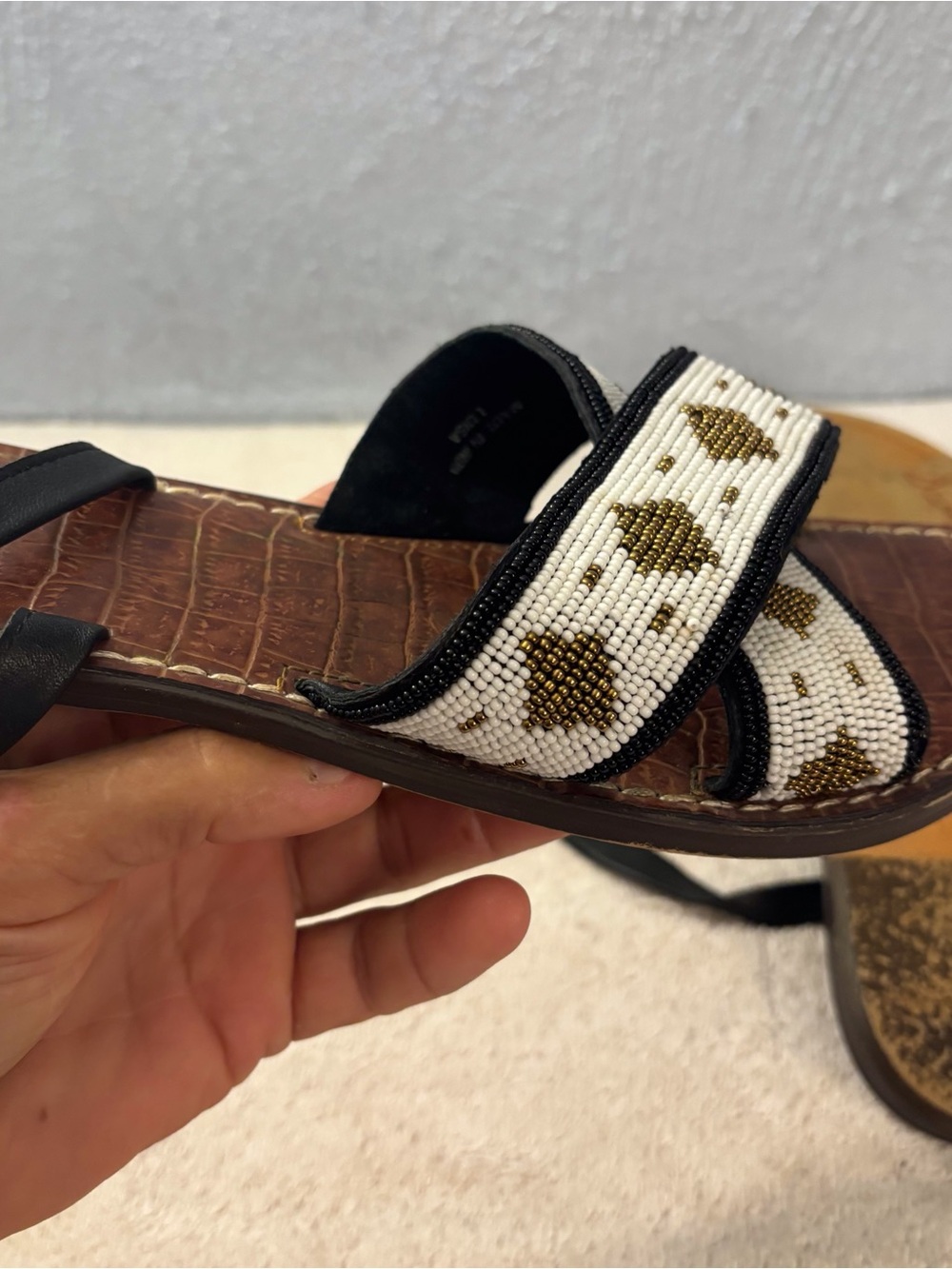 Sam Edelman Brown Leather Slide Sandals with White and Gold Beaded Straps - Picture 11 of 12